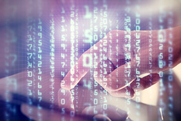 Multi exposure of man's hand holding and using a digital device and data theme drawing. Innovation concept.