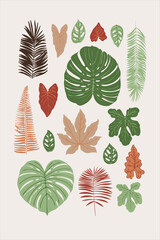 Tropics leaves vector beige modern. Color green, trend ornament terra