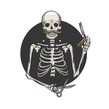 recommend clip art: Skeleton barber engraving raster illustration