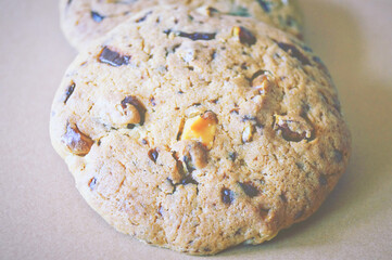 homemade pastry round cookies with chocolate and nuts dessert sweets close-up photo 