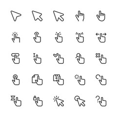 Simple Interface Icons Related to Cursor. Pointer, Gesture, Move, Tap. Editable Stroke. 32x32 Pixel Perfect.