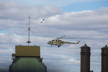an air show in the sky during a city holiday. the country's air force demonstrates aerobatics...