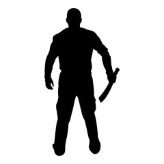 Silhouette man with sword machete cold weapons in hand military man soldier serviceman in various positions hunter with knife fight poses strong defender warrior concept weaponry standing view from