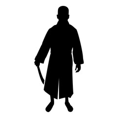 Silhouette man with sword machete cold weapons in hand military man soldier serviceman in various positions hunter with knife fight poses strong defender warrior concept weaponry standing black color