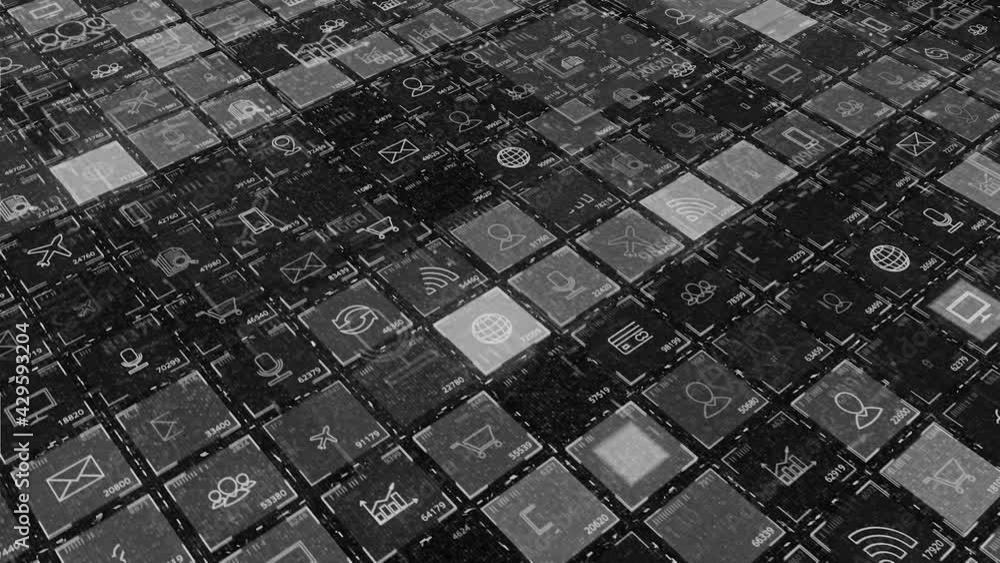 Poster electronic cells with information signs. action. black and white icons with images in computer space