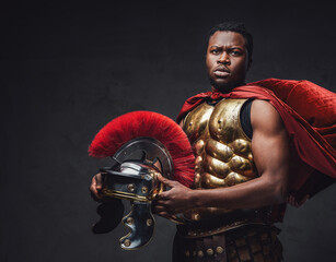 Ancient roman soldier looks at camera