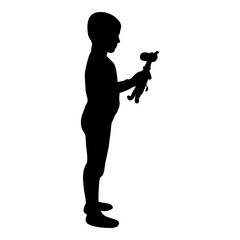 Silhouette boy holds toy child hold giraffe preschool brother holding amigurumi son with gifts teddy plaything presents friend for children kid black color vector illustration flat style simple image