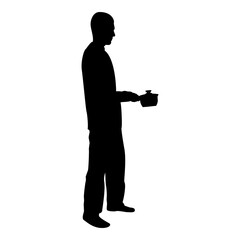 Silhouette man with saucepan in his hands preparing food male cooking use sauciers black color vector illustration flat style simple image