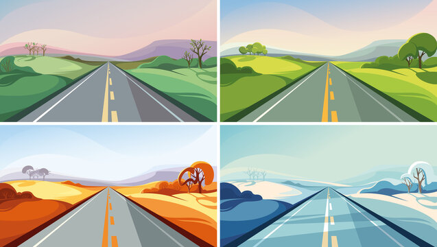 Road at different times of year. Beautiful outdoor scenes.