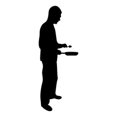 Silhouette man holds frying pan spoon chef holding kitchen utensil professional using kitchen staff concept domestic prepair food black color vector illustration flat style simple image
