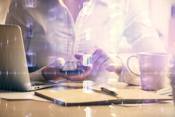 Double exposure of technology sketch hologram and woman holding and using a mobile device. Ai concept