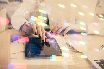 Double exposure of technology sketch hologram and woman holding and using a mobile device. Ai concept