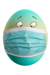 Large picture of an easter egg with rainbow colors, eyes and mask.