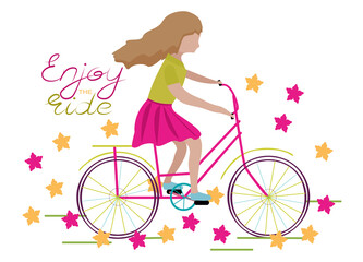 Colorful illustration, girl on bicycle, with quote enjoy the ride