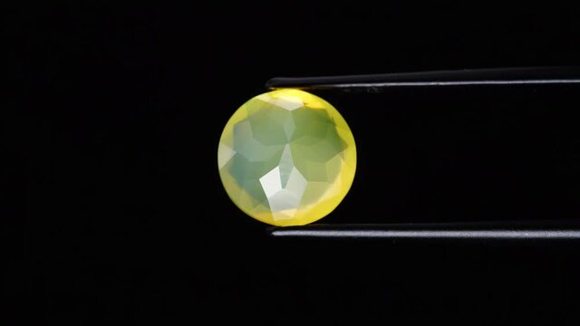 natural yellow fire opal gemstone in the tweezer on the background