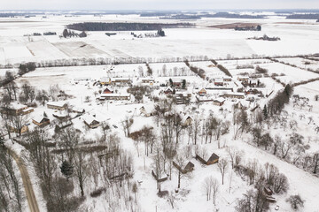 Fototapeta na wymiar Aerial view of Kikuri village in winter, Latvia.