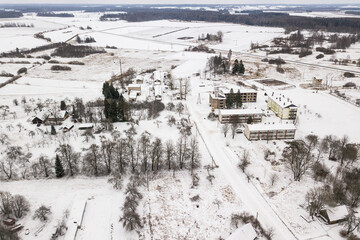 Aerial view of Kikuri village in winter, Latvia.