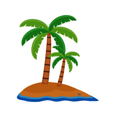 Vector of a small island surrounded by waves of water with coconut trees
