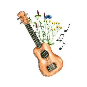 Watercolor wildflowers, ukulele, notes. Hand drawn illustration is isolated on white. Music composition is perfect for natural design, greeting card, musician logo, label, fabric textile