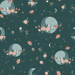 Magische Bloomy Planet vector naadloze patroon. Boho Floral Moon Moth grillige achtergrond. Hemels bloesem sterrenbeeld Saturnus ruimte Crescent Night Butterfly stof ontwerp