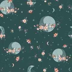 Wall murals Boho style Magic Bloomy Planet vector seamless pattern. Boho Floral Moon Moth whimsical background. Celestial blossom constellation Saturn space Crescent Night Butterfly fabric design 