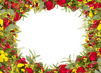 frame of roses flowers red beautiful isolated on​ white​ background with​ clipping​ path​