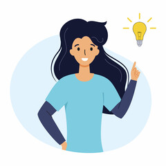 Girl had an idea. Search for solution to the problem. Woman and yellow light bulb.