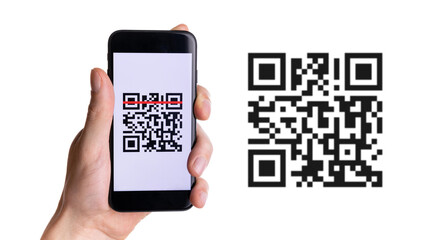 Scan pay. Hand holding mobile smartphone screen for payment pay, scan barcode technology with qr code scanner on digital smart phone. Online bill payment concept.