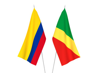 National fabric flags of Colombia and Republic of the Congo isolated on white background. 3d rendering illustration.