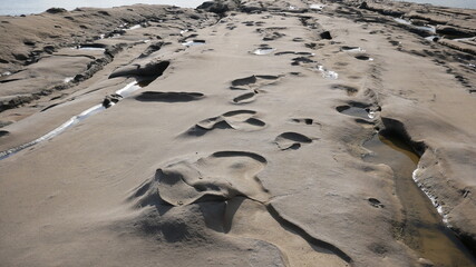 Deepening relief in the form of craters on limestone and rock near the sea 