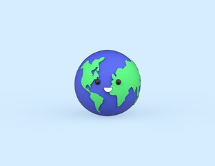 World Environment Day concept 3D happy cute Earth. Save the Planet. Render model isolated blue background.