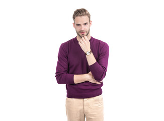 Handsome man with unshaven face skin wear violet pullover with casual pants, on-trend