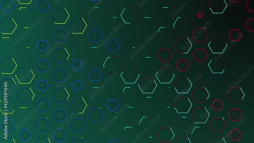 Poster movement of a wall of hexagons in waves up and down, which creates green self-luminous hexagons. abs