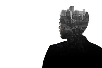 Double Exposure thinking businessman and skyscraper building city with white background. Concept...