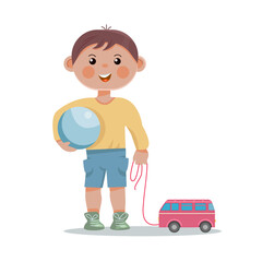 Funny little boy with toys.