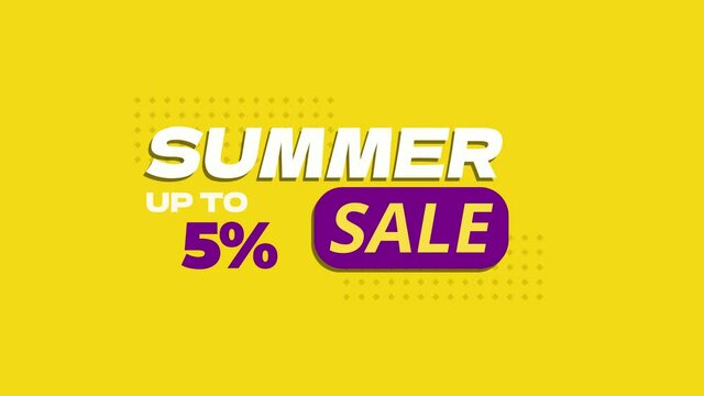 Summer Sale up to 5 percent off, animation, motion graphics. Bright animation on yellow background and chromakey. 4k motion