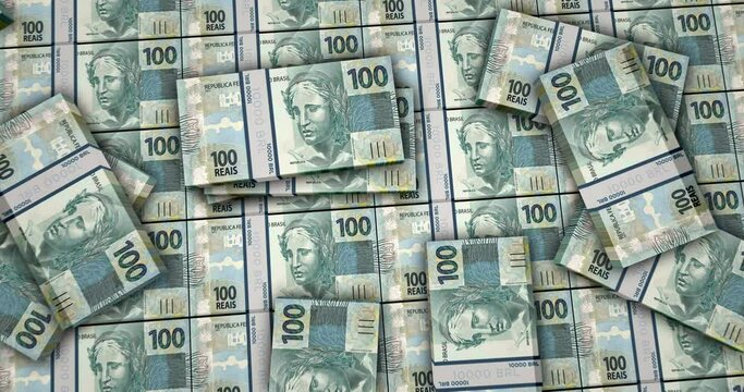 Brazilian Real banknotes 3d animation. Camera view from close to long distance. BRL money packs. Concept of inflation, economy, crisis, business, success, banking, debt and finance in Brazil.
