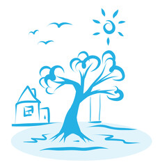 Hand drawn Landscape with House, Sun and Trees. Vector graphic (EPS files allows you to customize the picture as required). Hand painted. Background, icon, illustration. Estate agancy, family etc.