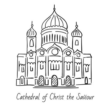 Hand drawn doodel sketch of Moscow landmarks.  Cathedral of Christ the Saviour. Black line on white background
