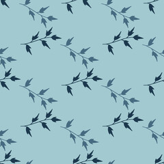Seamless pattern with dark blue branches on light blue background. Vector image.