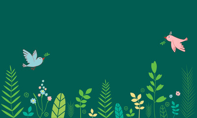 Vector background with plants, birds, flowers. You can place any of your text at the top of the composition. Use the design for greetings and invitations.