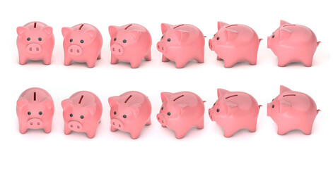 Set of piggy banks with different rotation from front to side, at different angles. isolated on white background. 3d render