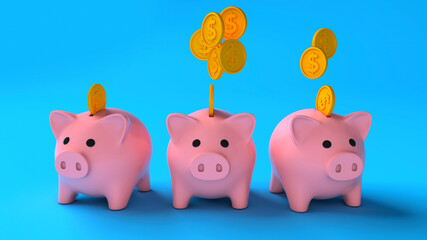 Profit sharing by piggy banks. Uneven division of money. Three pink piggy banks with gold coins money on a blue background. 3d render