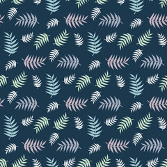 Fototapeta na wymiar Seamless pattern with leaves in light colors on dark blue background. Vector image.