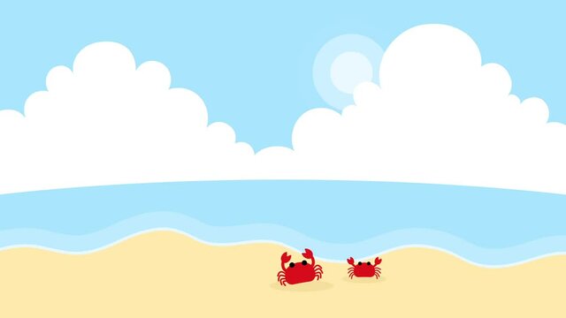 穏やかな海辺をカニの親子が歩いてくる可愛いアニメーション動画　波　入道雲　夏　風景　ループ