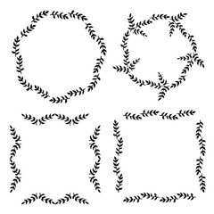 Set of 4 borders with black branches on white background. Doodle style. Vector image.