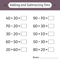 Adding and Subtracting Tens. School education. Development of logical thinking. Mathematics. Math worksheets for kids