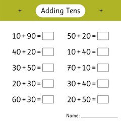 Adding Tens. School education. Mathematics. Development of logical thinking. Math worksheets for kids