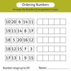 Ordering numbers worksheet. Arrange the numbers from greatest to least. Mathematics. Number range up to 20
