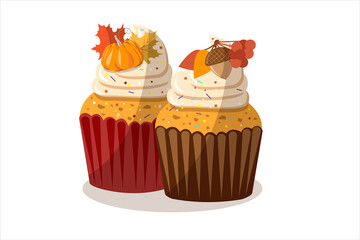 Muffins with cheese cream and autumn decor. Pumpkin muffins with leaves, pumpkin, acorn. Homemade holiday baked goods